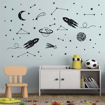 Outer Space Rocket Wall Decals for Kids, Removable Vinyl Stickers with Planets, Moon, Stars, Black