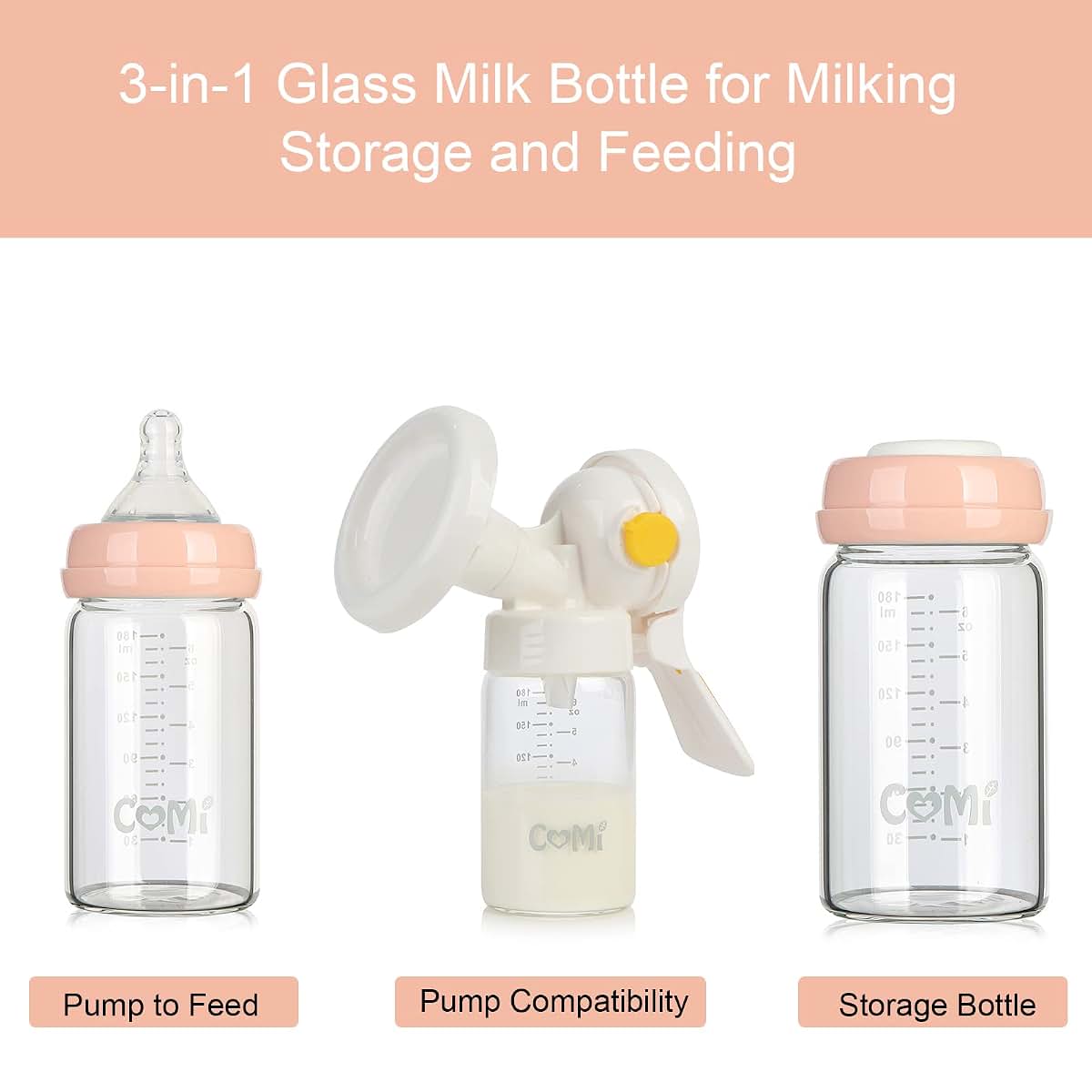 COMI Wide Neck Glass Breastmilk Collection n Storage Bottle, 4 Packs, 6oz with Screw Ring Sealing Disk; Re-markable (photo 2)