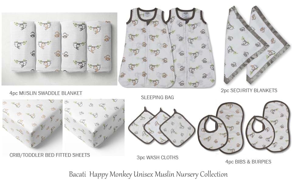 Bacati - Muslin Happy Monkeys Sleeping bag (Wearable Blankets) (Newborn, Gray)
