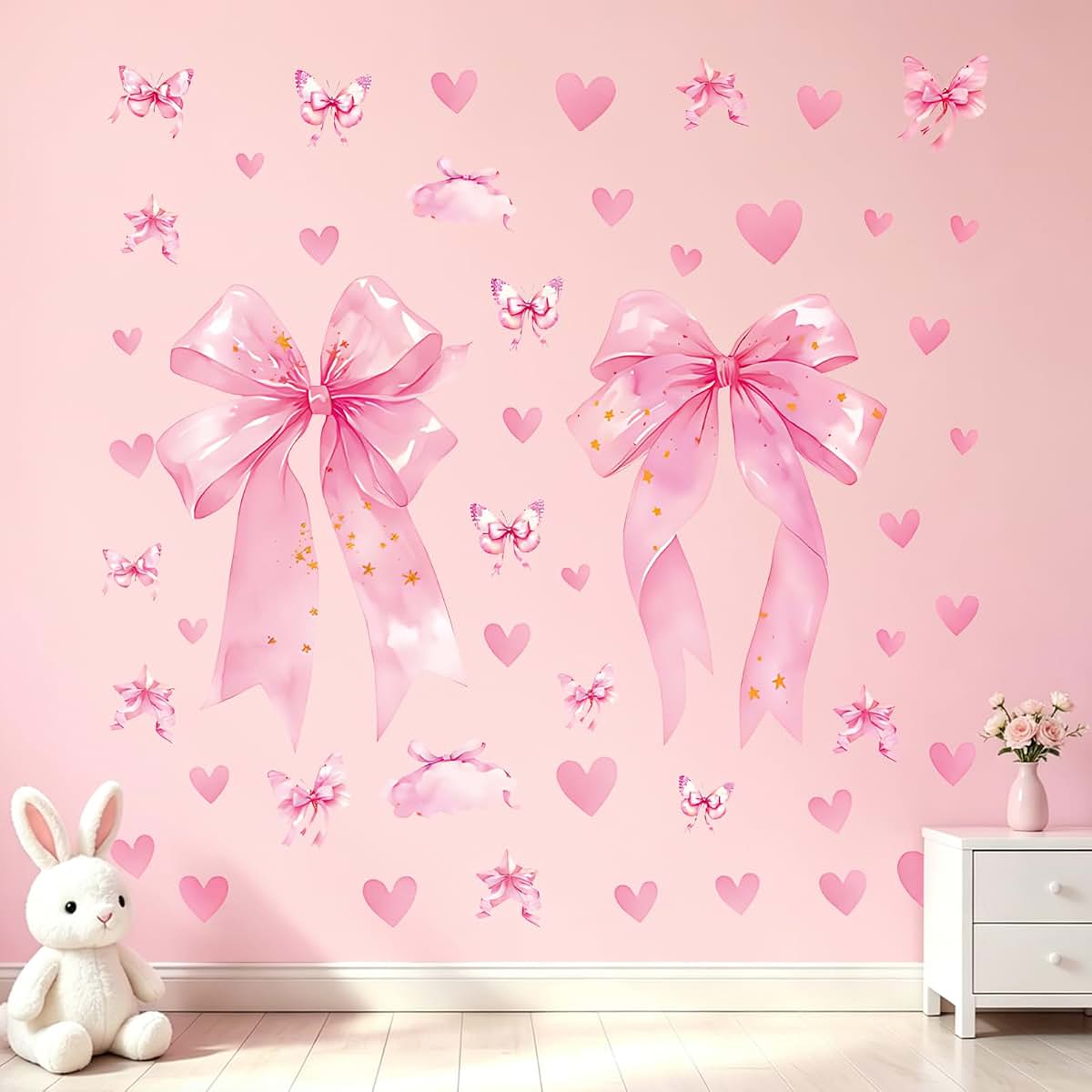 Pomodee Large Pink Bow Wall Stickers, Heart Knot Decals for Girls Nursery
