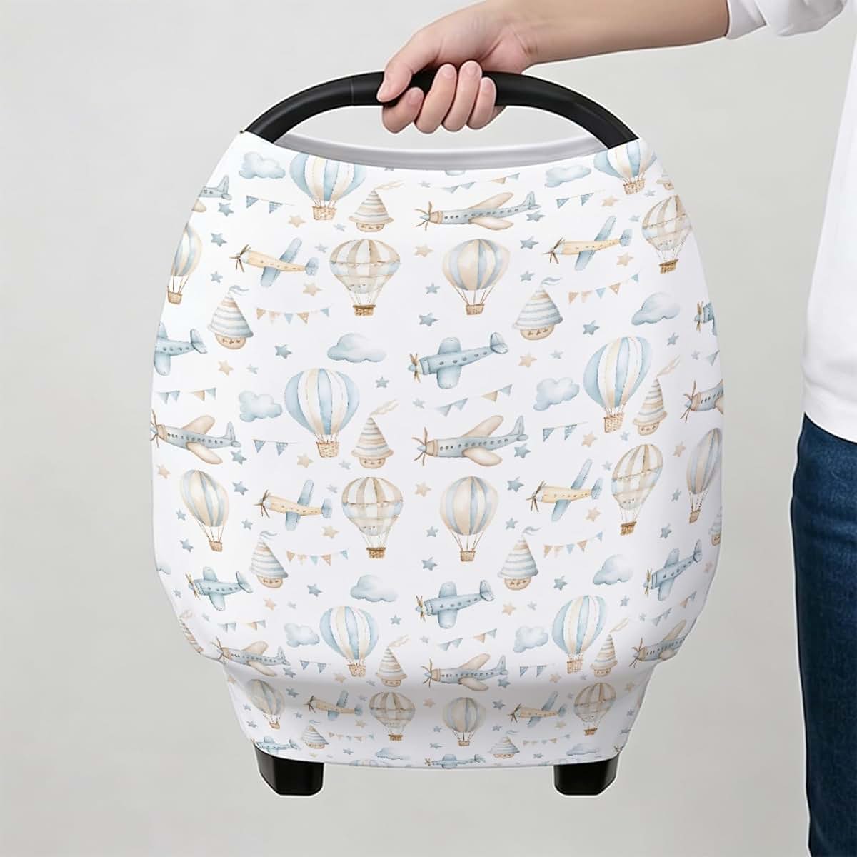 S2tMhb Plane Pattern Unisex Baby Car Seat Cover,5-in-1 Hot Air Balloon Infant Toddler Privacy Nursing Breastfeeding (photo 3)