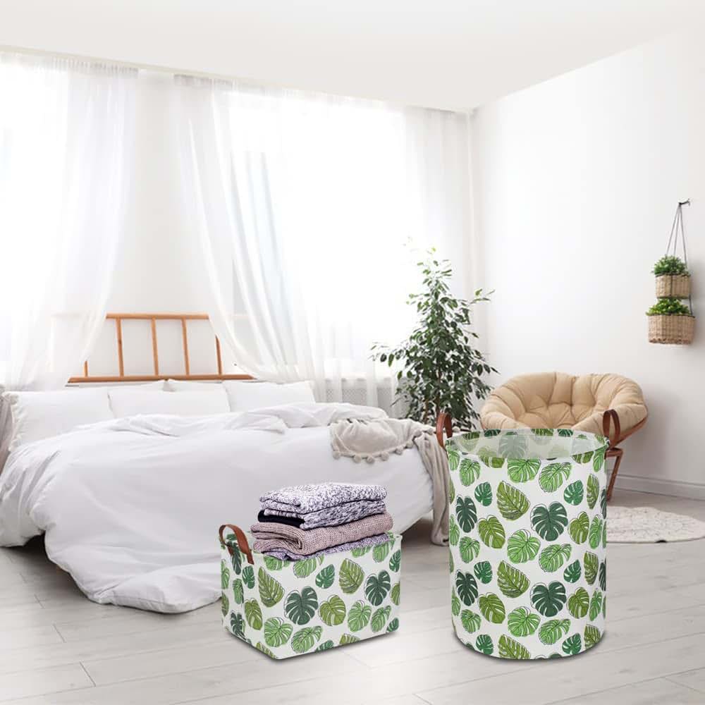NTAOHAMPER Round Green Laundry Hamper, Jungle Themed with Handles
