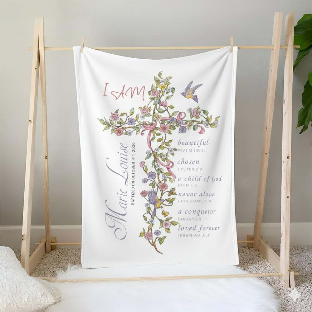 ZEBRA88 Personalized Baptism Blanket for Girl, Custom Floral Cross Christian Blanket, Catholic Christening Gift, Baby (photo 4)