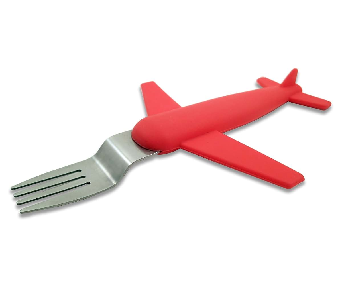 BabyOneStop Kids Airplane Fork and Spoon Set, Stainless Steel and Silicone, Dishwasher Safe