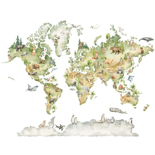 Vwaq World Map With Animals Vinyl Wall Decal For Kids Room Decor