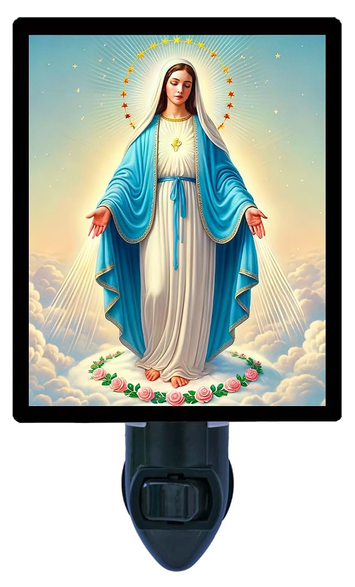 Night Light Designs Virgin Mary Night Light – Religious Design, Fully Enclosed, Rotating Plug, Glass Front, 4 Watt Bulb
