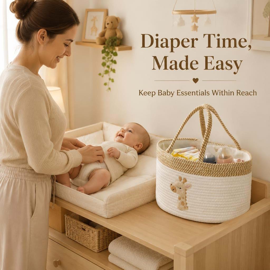 Tidelit Diaper Caddy Basket with Removable Divider, Cotton Rope Storage Organizer, Giraffe