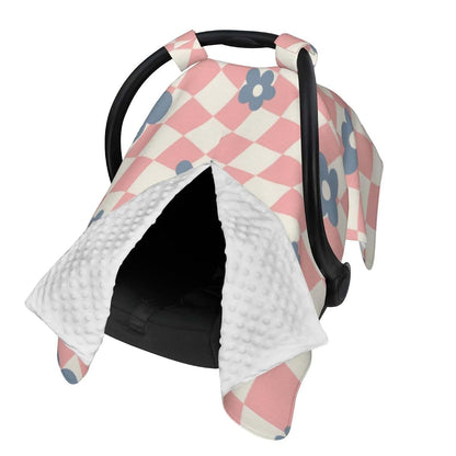 Raapsbrw Pink Blue Checkered Floral 4-In-1 Multi-Use Baby Car Seat Cover