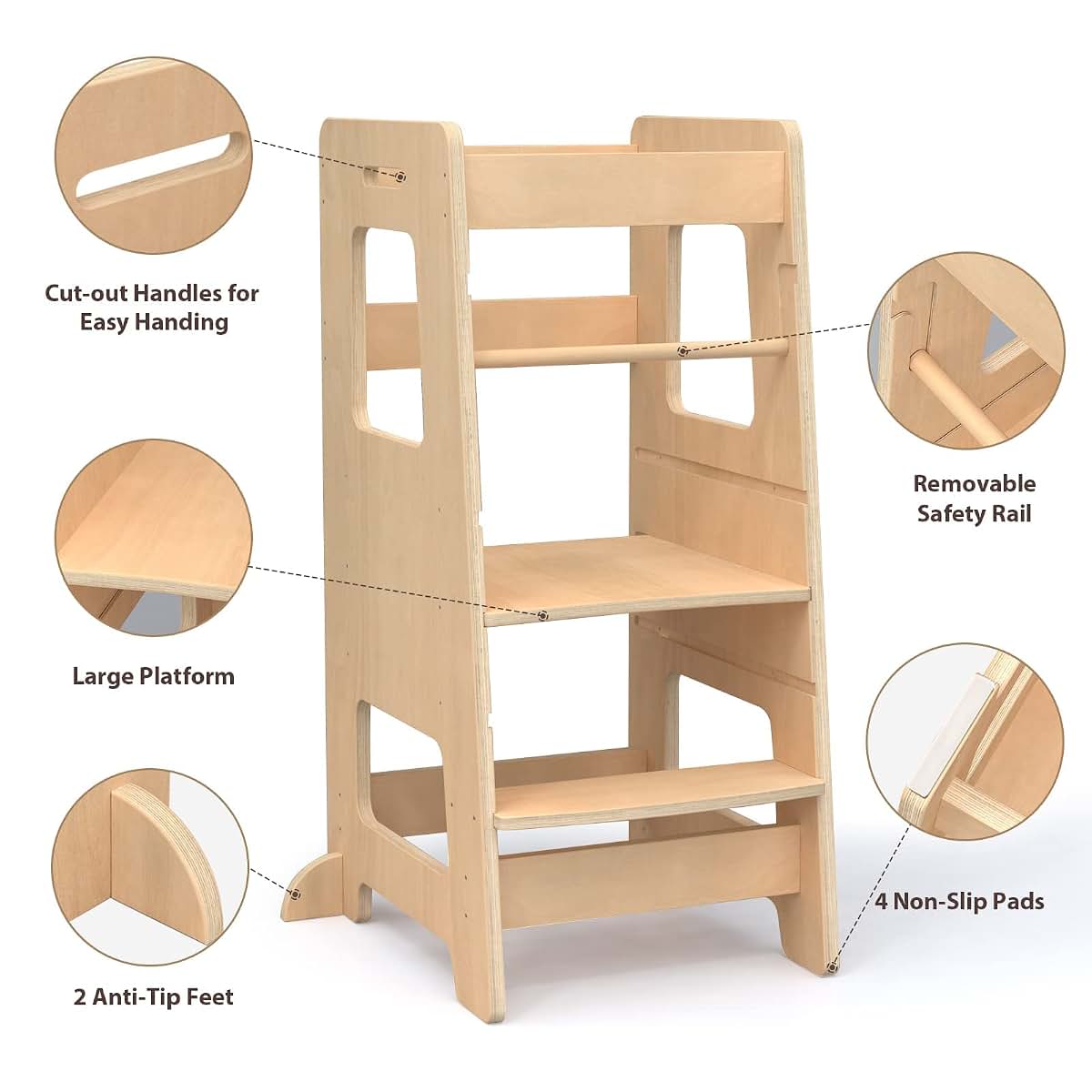 Wood City Kitchen Step Stool with Safety Rail and Adjustable Height