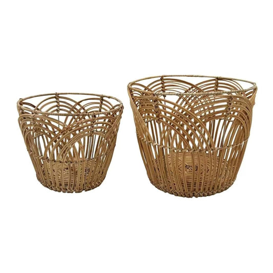 Stow & Bloom Natural Open Weave Round Rattan Basket Set of 2 – Handwoven Round Bin for Blankets Plants Bathroom Boho
