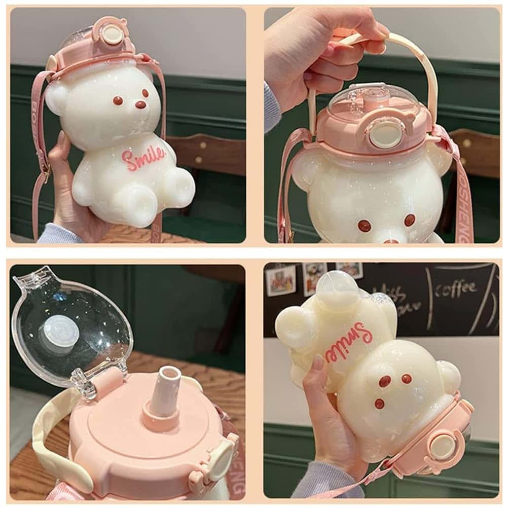 Osuner Kawaii Bear Straw Water Bottle with Adjustable Strap and Phone Holder (photo 3)