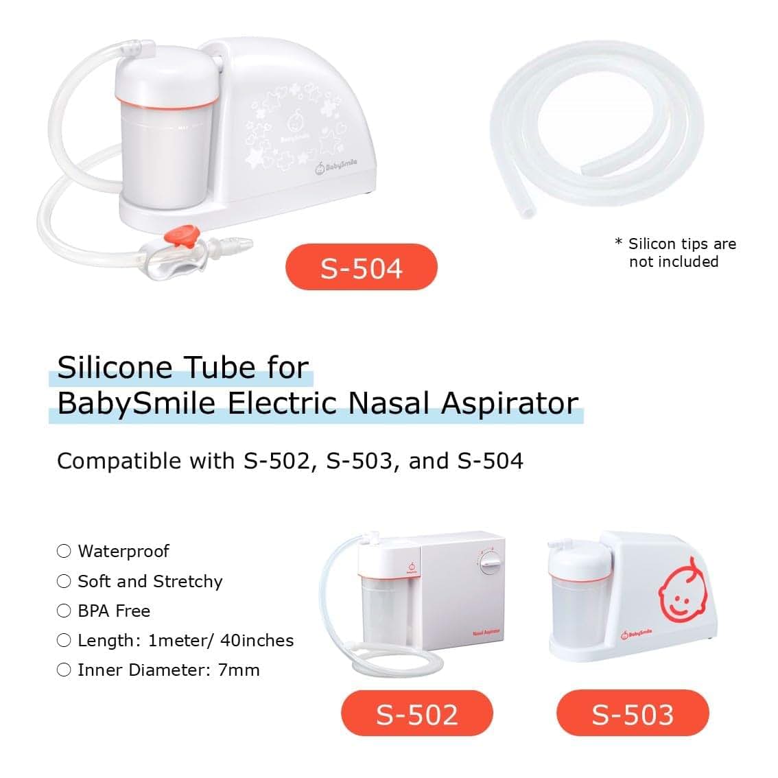 BabySmile Nasal Aspirator Replacement Tube, 44-Inch Silicone for S-502/S-503/S-504
