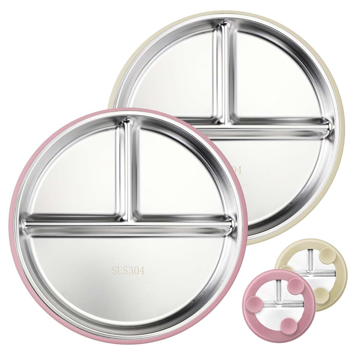 Solldgt Stainless Steel Kids Plates with Suction, 9" Divided Baby Plates Set of 2, Pink & Beige
