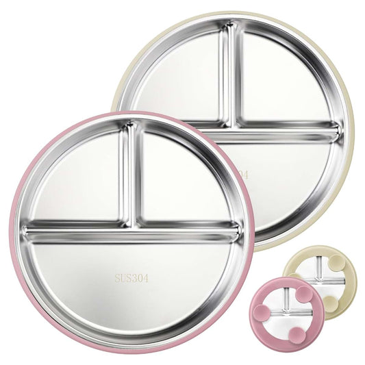 Solldgt Stainless Steel Kids Plates with Suction, 9" Divided Baby Plates Set of 2, Pink & Beige