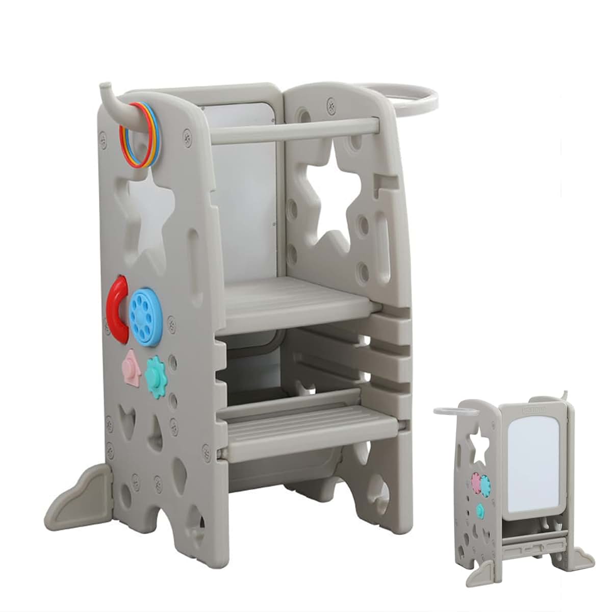UNICOO Multifunctional Kids Step Stool with Double Safety Rails and Adjustable Height, Grey