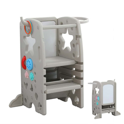 UNICOO Multifunctional Kids Step Stool with Double Safety Rails and Adjustable Height, Grey