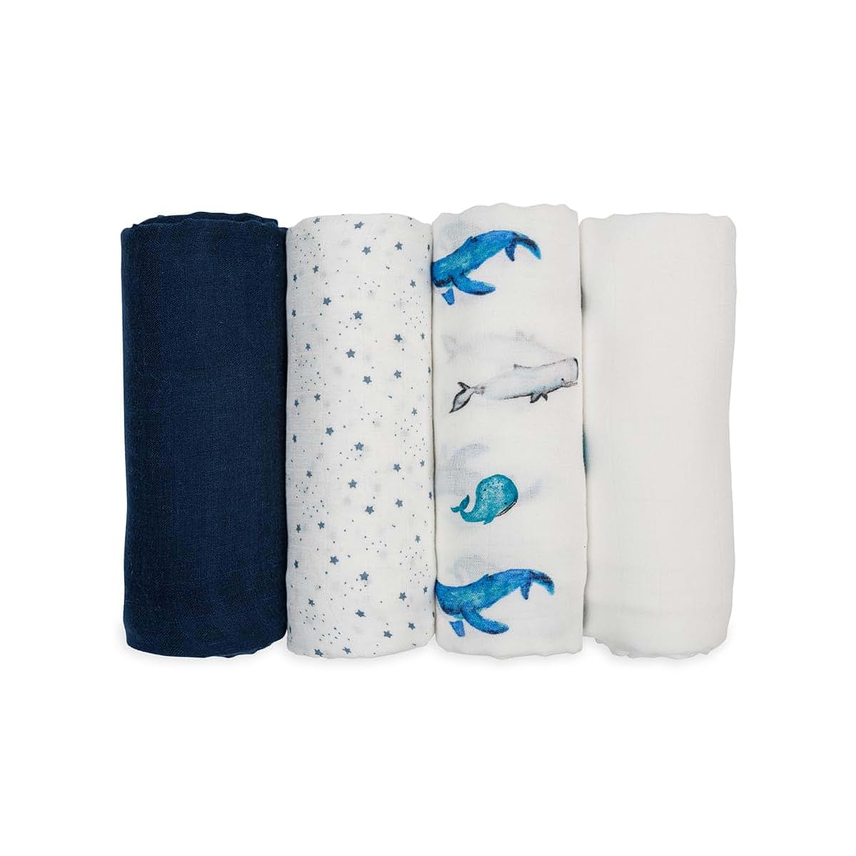 Lulujo Set of 4 Deluxe Muslin Swaddle Blankets, Whales & Stars, 47 x 47-Inch