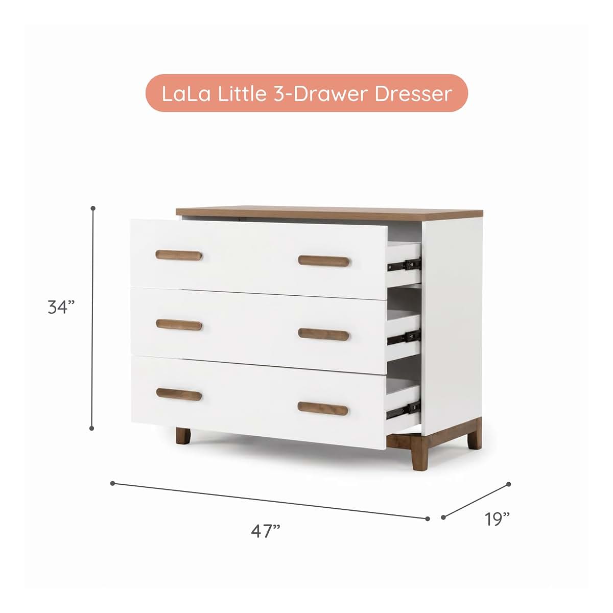 dadada LaLa 3-Drawer Compact Nursery Dresser, Deep Drawers, White/Walnut (photo 2)