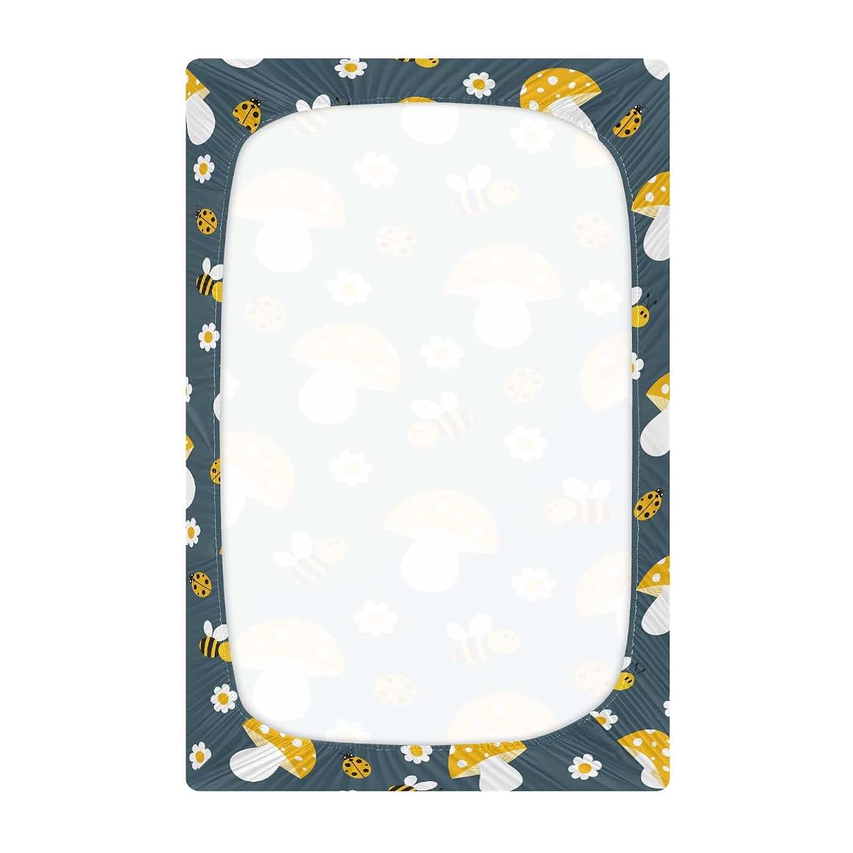 Kicpoay Fitted Crib Sheets Cartoon Bees Mushroom Stretchy Portable Playard Sheets 39 X 27 In