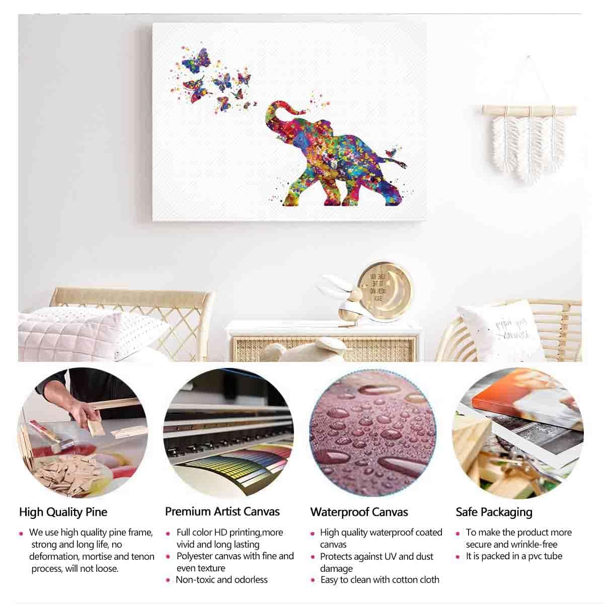 MBARE Folk Art Watercolor Baby Elephant And Butterflies Canvas Print