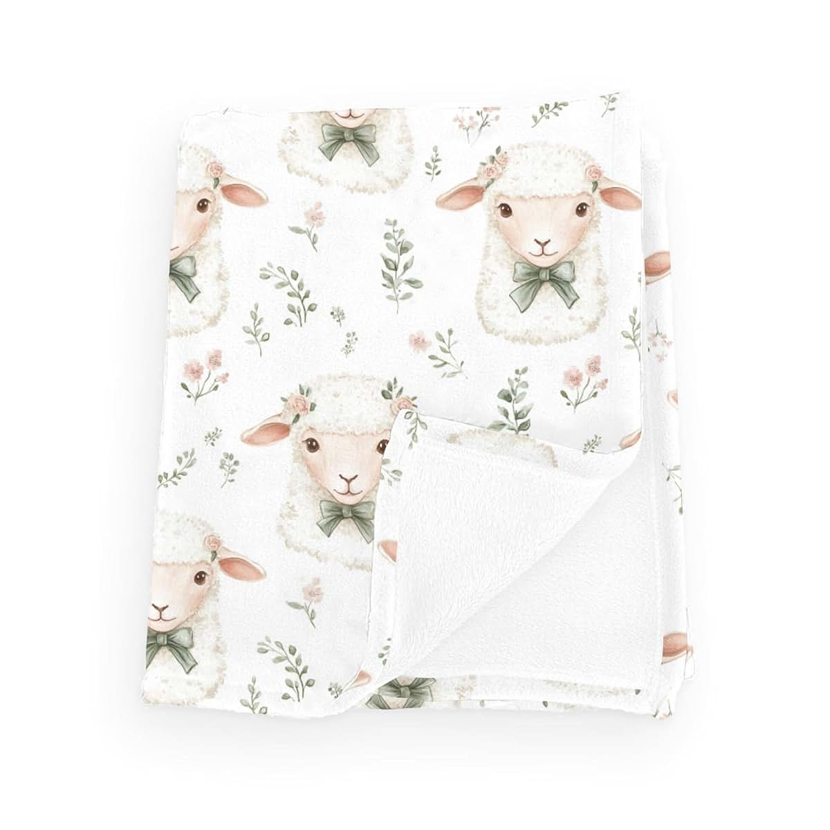 Wicbfdfv Watercolor Lamb Floral Leaves Baby Boy Girl Blankets Cute Sheep Goat Wildflowers Flannel Blanket Farm Animals