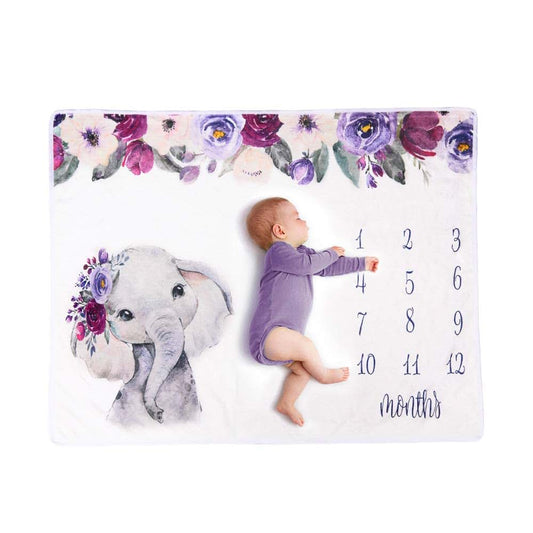 XJYang Baby Monthly Milestone Blanket, 40×60 Inches Infant Newborn First Year Happy Purple Flower and Elephant Baby