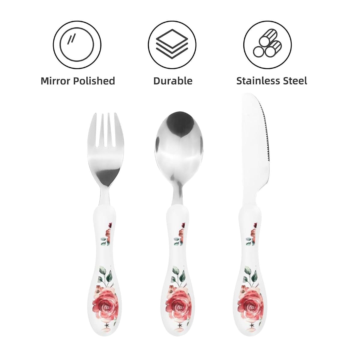 Blossoming Rose Flowers Print Kids Knife Fork and Spoon Set, Stainless Steel and PP Plastic