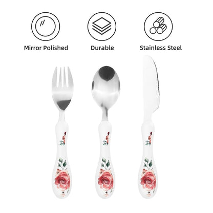 Blossoming Rose Flowers Print Kids Knife Fork and Spoon Set, Stainless Steel and PP Plastic