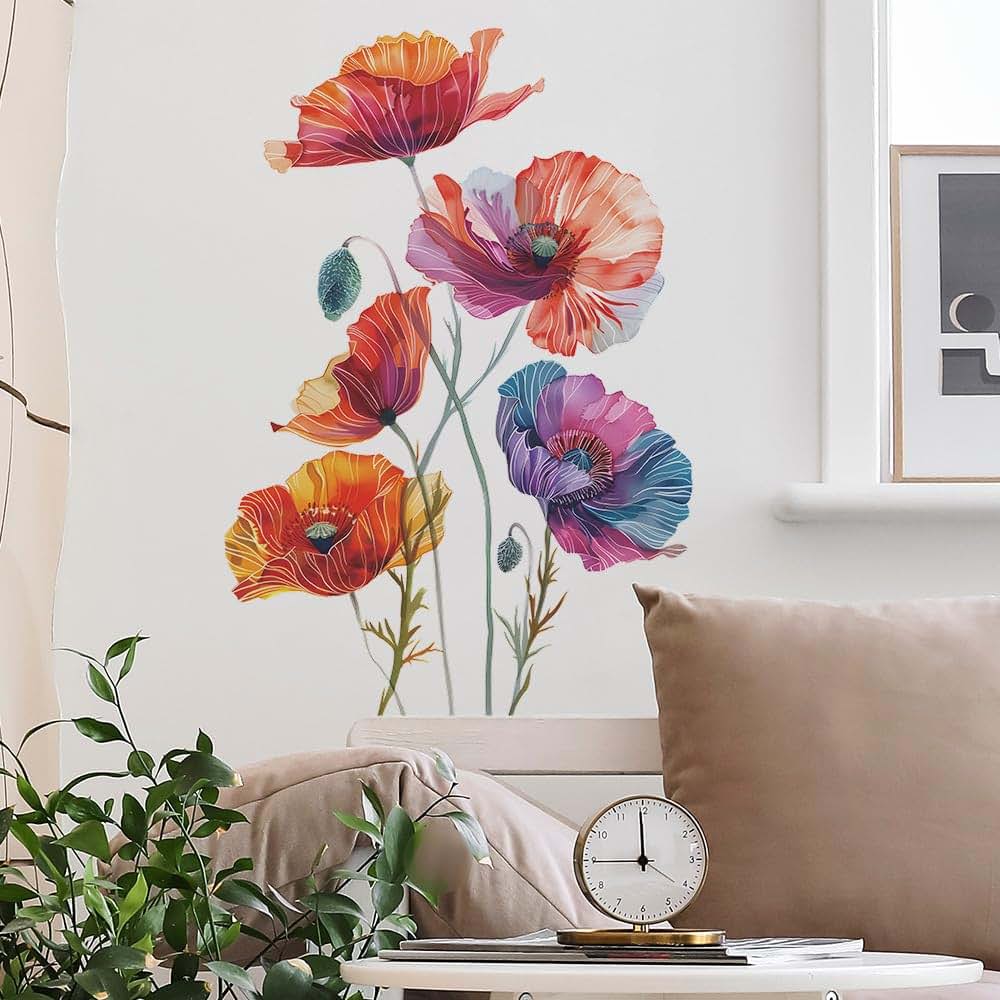 Runtoo Poppy Flowers Watercolor Floral Wall Art Decals