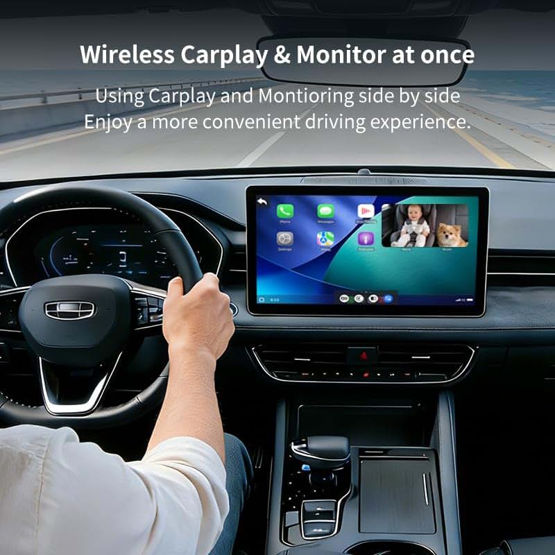 BabyOneStop Baby Car Camera 1080P Wireless CarPlay Adapter with Split Screen Rear Seat Monitor