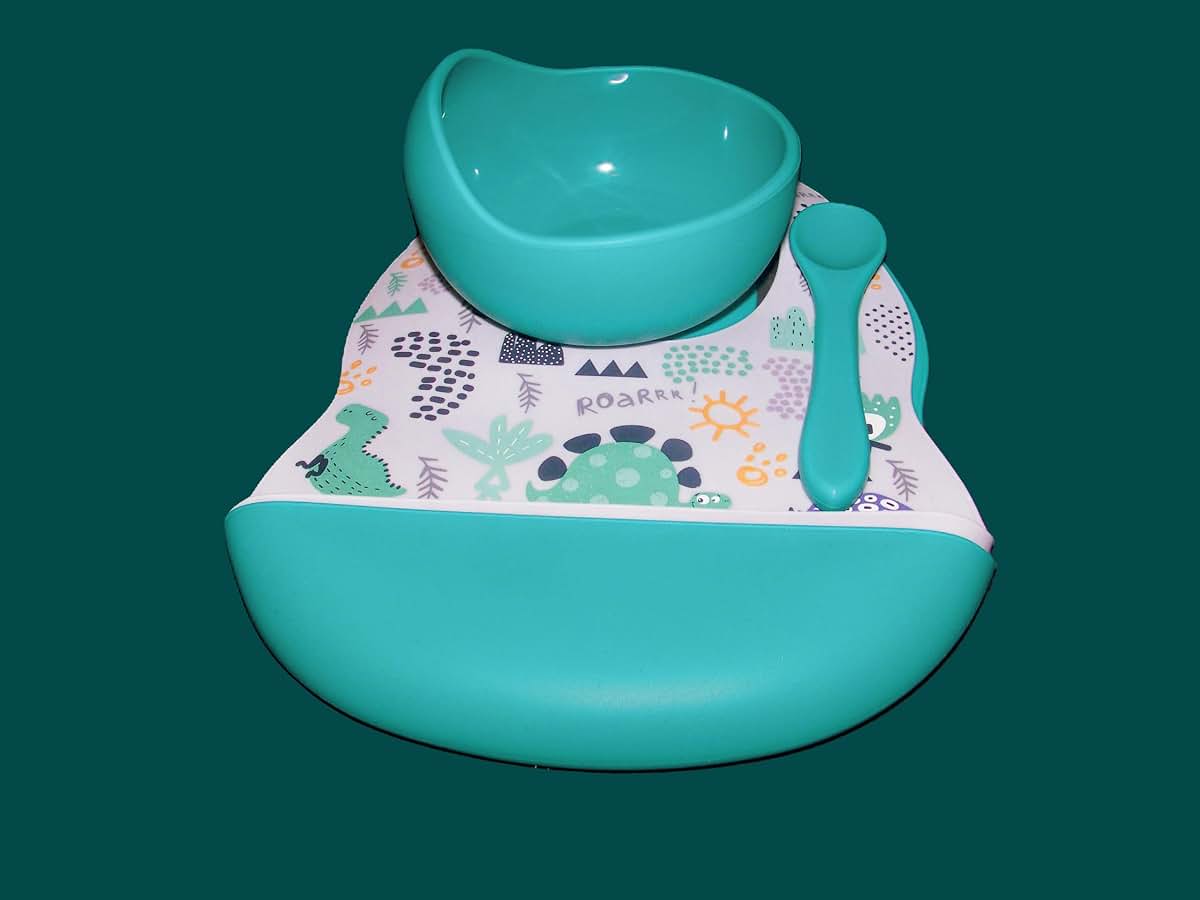 BabyOneStop Silicone Dinosaur Print Bib Set with Bowl and Spoon - Marble & Teal