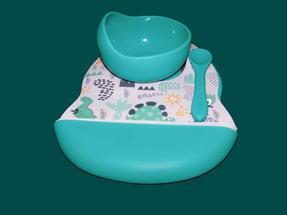 BabyOneStop Silicone Dinosaur Print Bib Set with Bowl and Spoon - Marble & Teal