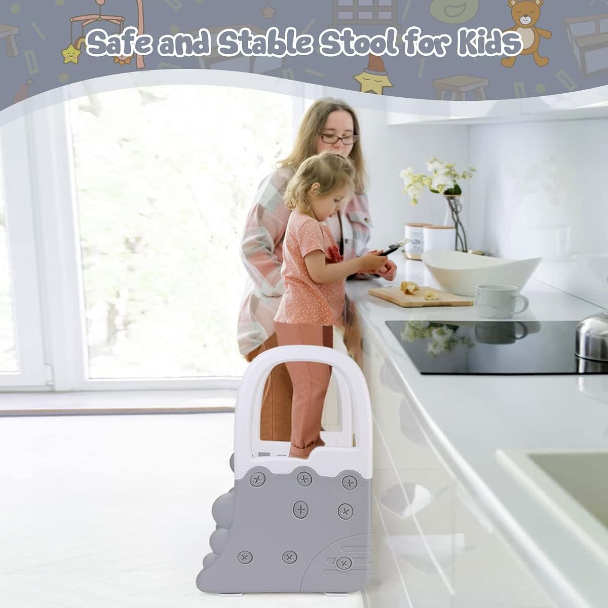 FinerFurnis Toddler 2 Step Stool With Dinosaur Theme And Handrails (photo 3)