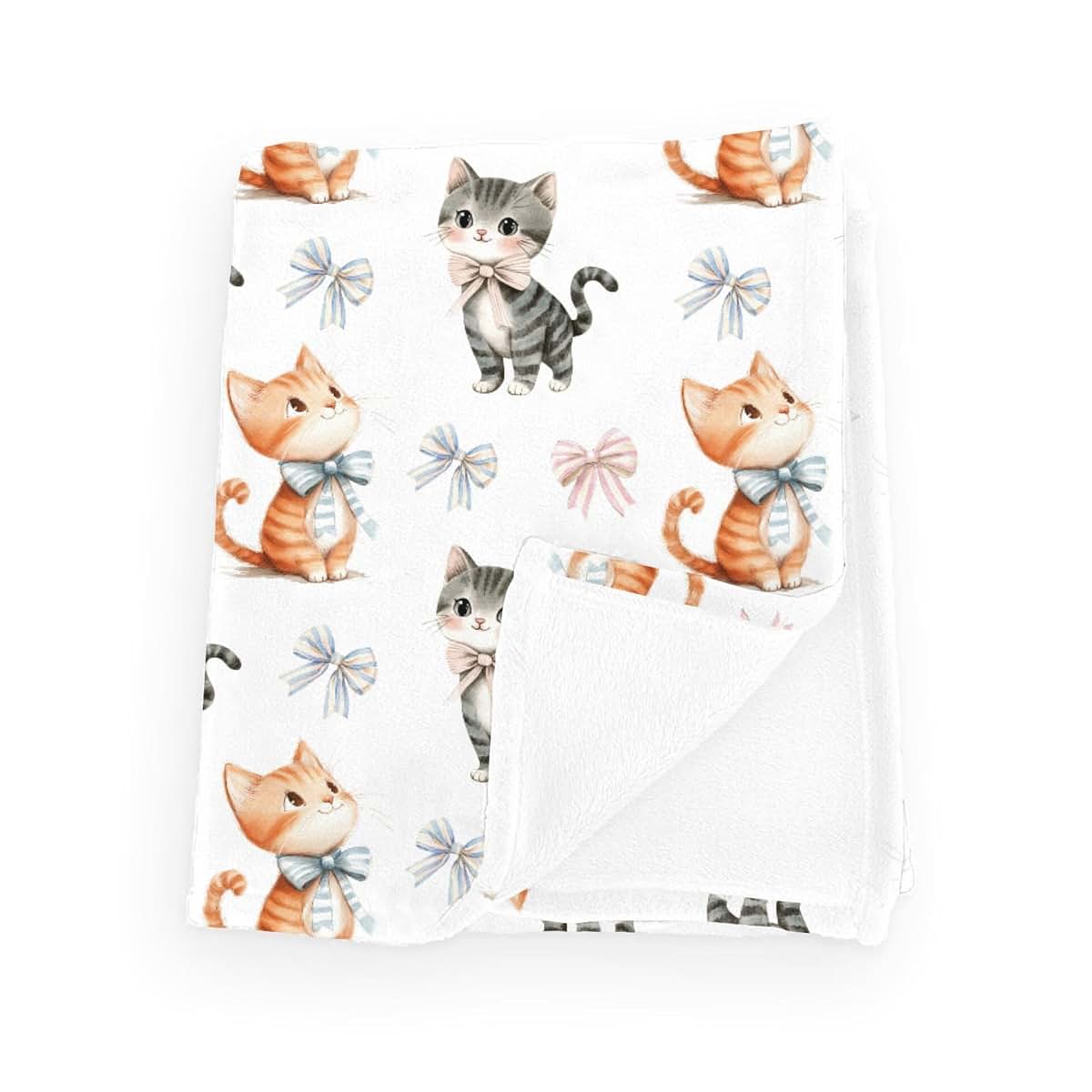 Wicbfdfv Cute Cats Bows Baby Boy Girl Cartoon Orange Kitten Pet Stripe Blue Pink Blankets Cat Lover Gift Flannel