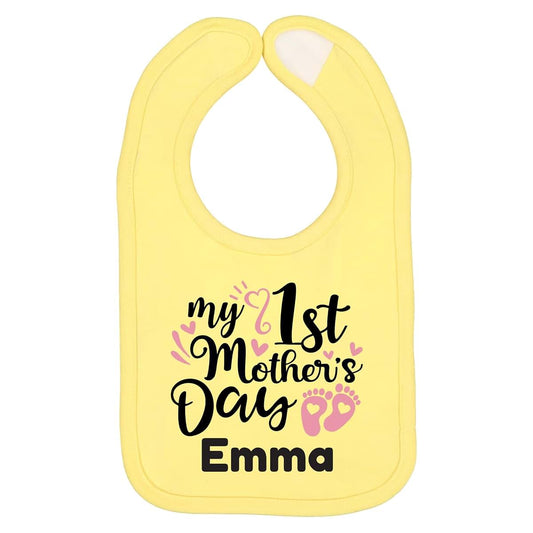 Smiling Jindo Personalized My 1st Mother’s Day Baby Bib – Cute Footprint Design, Custom Name – Soft Cotton Jersey