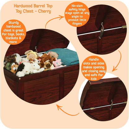 Kid's Hardwood Barrel Top Toy Box Storage Chest with Safety Hinge - Cherry