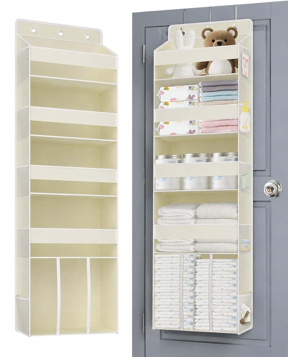 TAHAVICE 5-Tier Over the Door Nursery Organizer with 10 Mesh Pockets, Beige