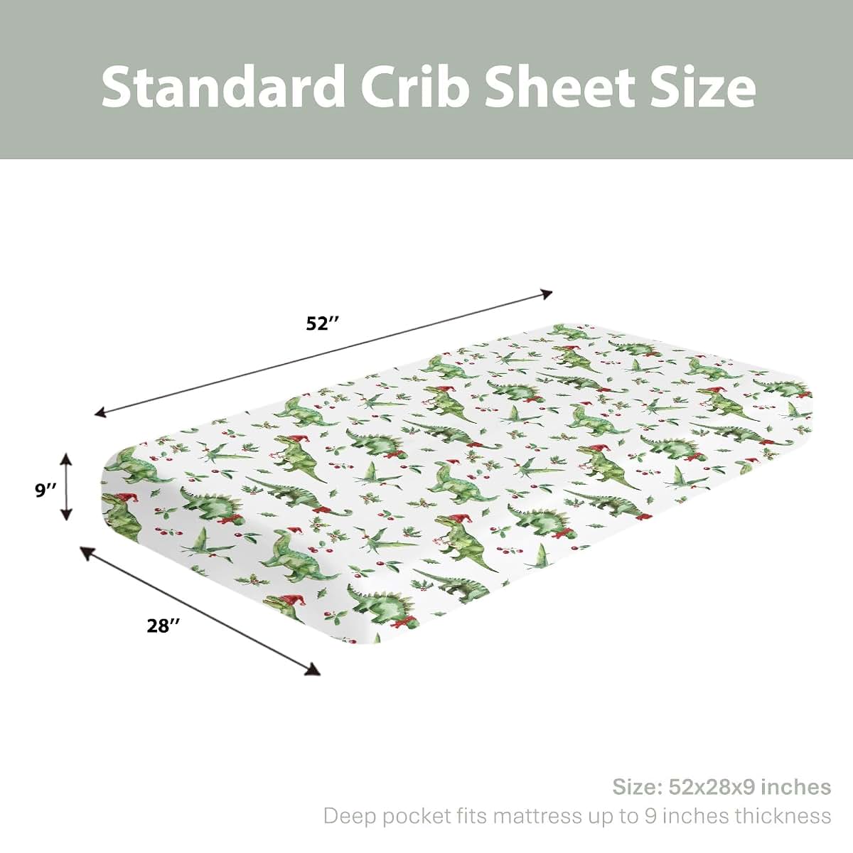 BabyOneStop Christmas Dinosaur Santa Hat Crib Sheet 28x52 Inch