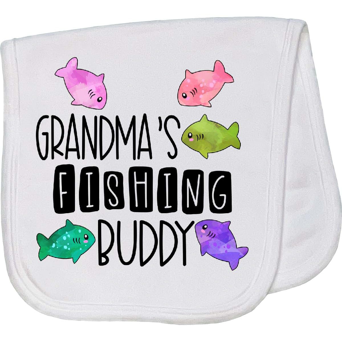 inktastic Grandma's Fishing Buddy with Colorful Fish Baby Burp Cloth White
