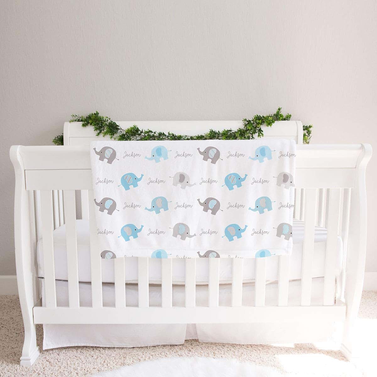 Lovable Gift Co Personalized Elephant Fleece Baby Boys Blanket, White/Blue (photo 2)