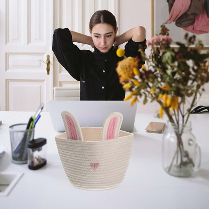 JOINPAYA Cotton Rope Rabbit Basket Organizer with Handle, White Round Storage Bin