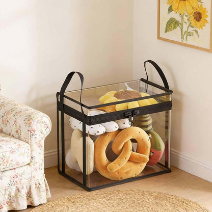 JISADER Stuffed Animal Storage Bag, Black Toy Organizer Box with Handles