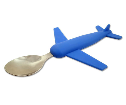 BabyOneStop Kids Airplane Fork and Spoon Set, Stainless Steel and Silicone, Dishwasher Safe