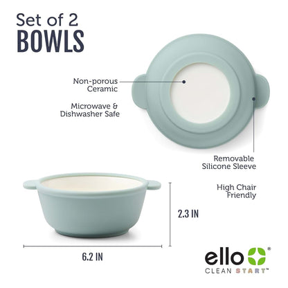 Ello Clean Start Ceramic Toddler Bowls with Silicone Sleeves 2 Pack Dewdrop