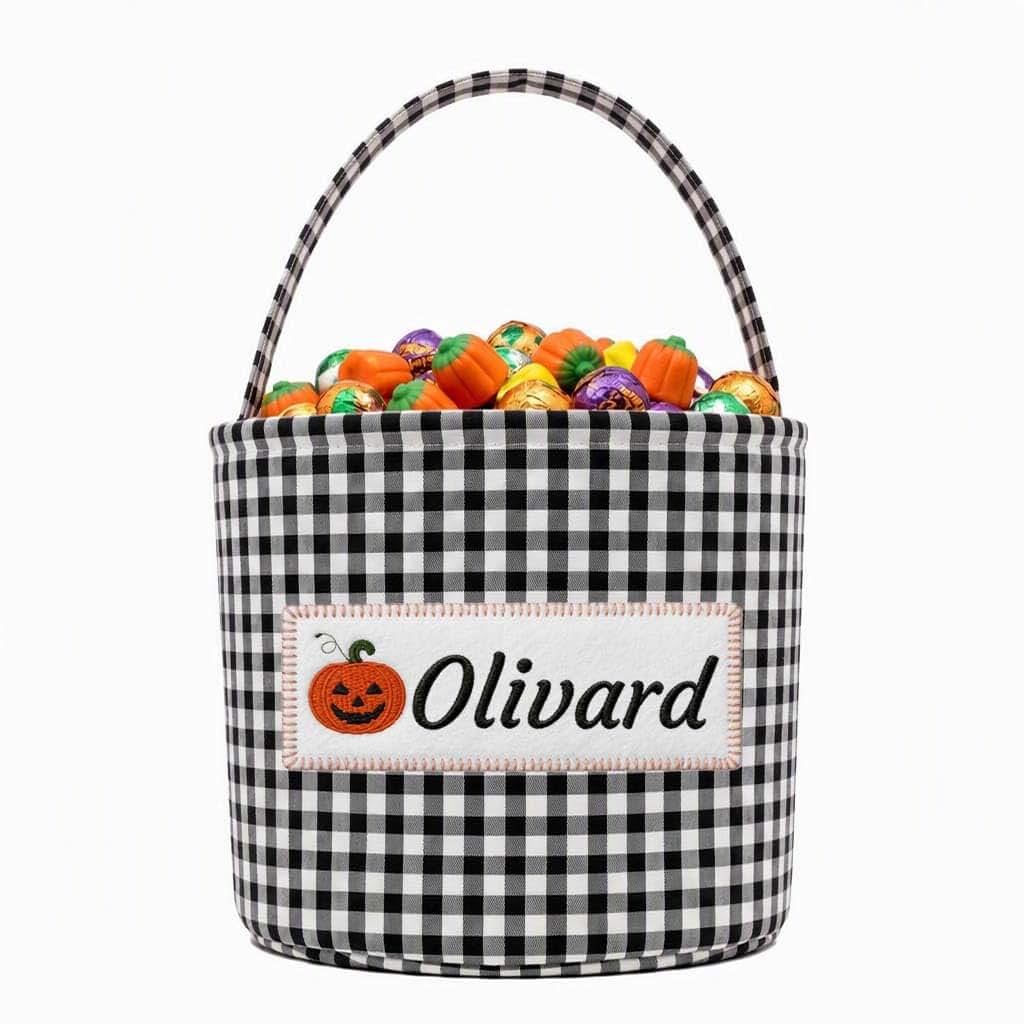 HMTANZR Personalized Halloween Basket Gingham with Embroidery Name (Black, Style 3)