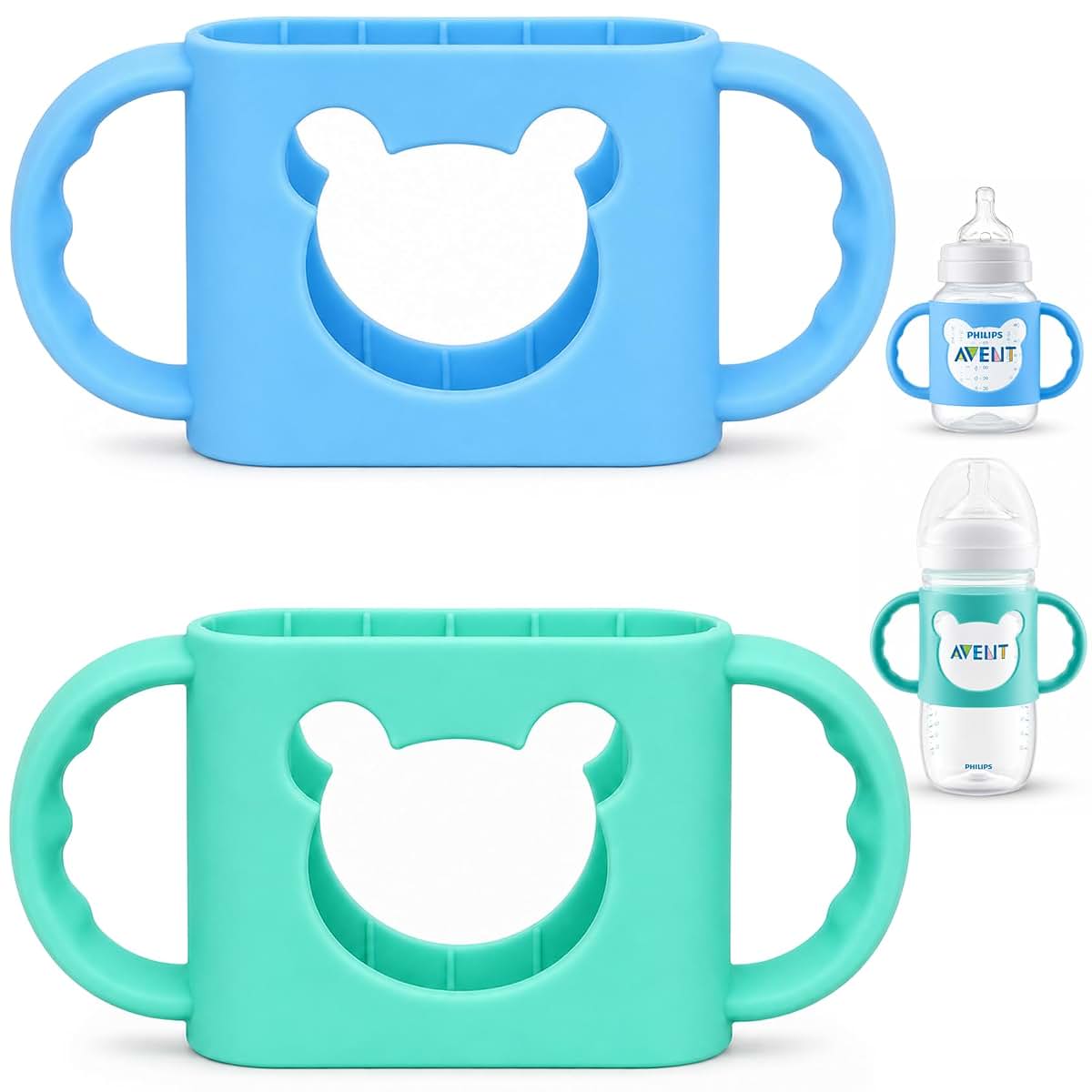 Aelop Silicone Bottle Handles for Wide-Neck Glass & Plastic Bottles, Transitional Sippy Cup Grip for Independent