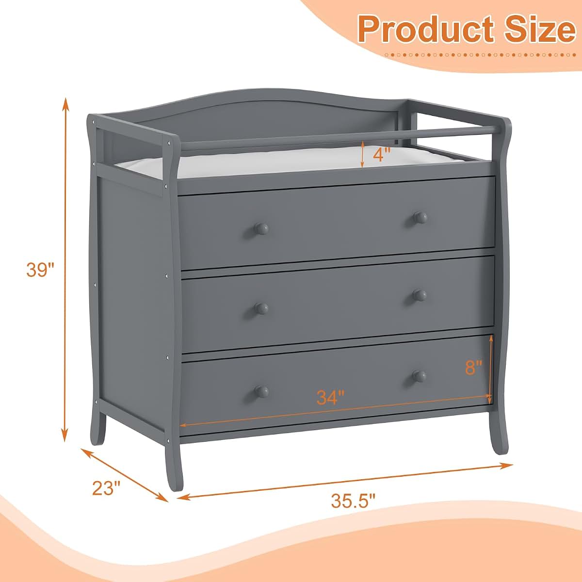 GarveeHome 3-Drawer Baby Changing Table with Pad, Grey