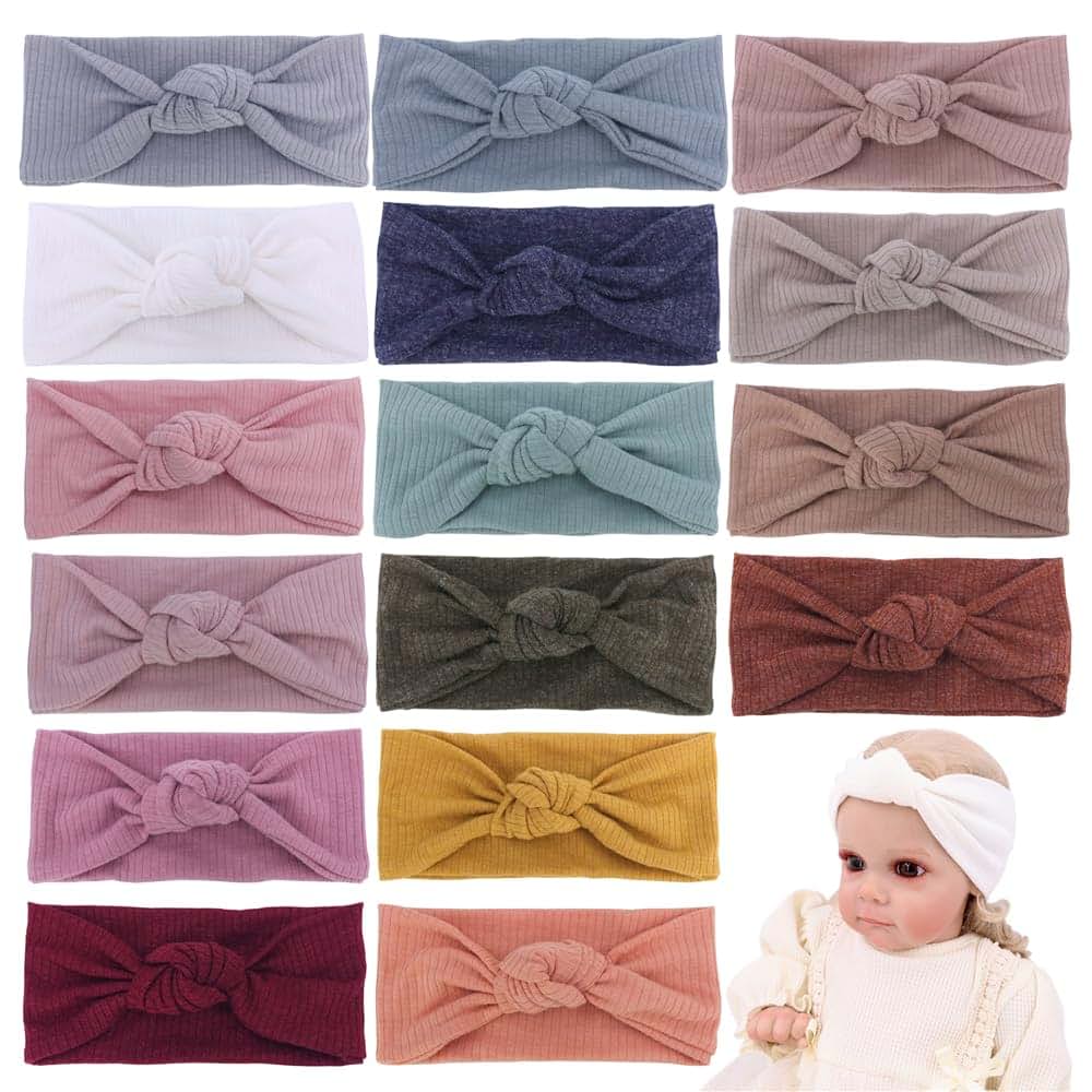 Gebelle 16 Pack Soft Knot Baby Headbands with Hair Bows, Cotton Blend for Newborn to Toddler