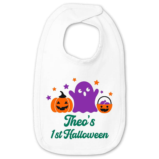 Smiling Jindo Personalized Halloween Baby Bib – Ghost Pumpkin Custom Text – Newborn Gift – Soft Cotton Jersey