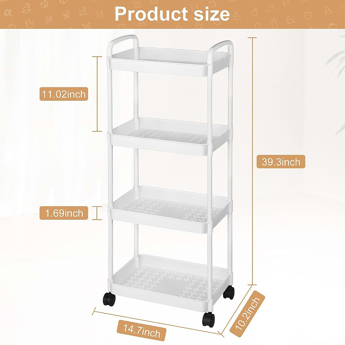 Barydat Baby Diaper Caddy Cart, 4-Tier Rolling Organizer for Nursery, White